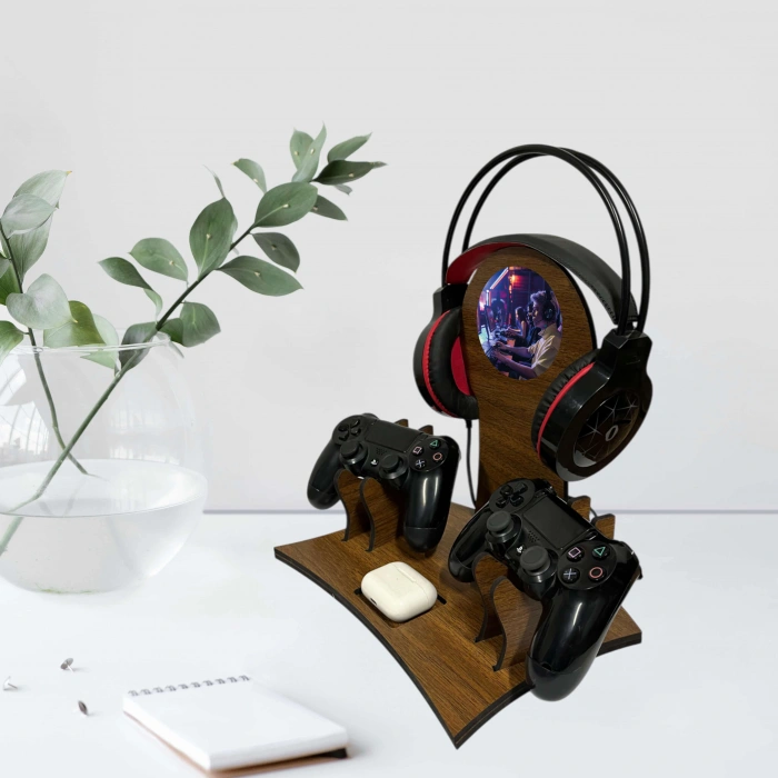Ahşap Gaming Ps4 Ps5 Xbox Joystick Kontroller Tutucu Ve Kulaklık Dikey Standı