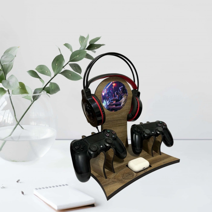 Ahşap Gaming Ps4 Ps5 Xbox Joystick Kontroller Tutucu Ve Kulaklık Dikey Standı