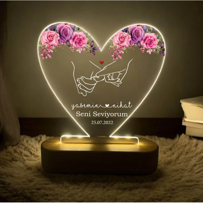 Çiçek Temalı Çiftler İçin Led Lamba, Kişiye Özel Gece Lambası, Özel Hediye Led Lamba