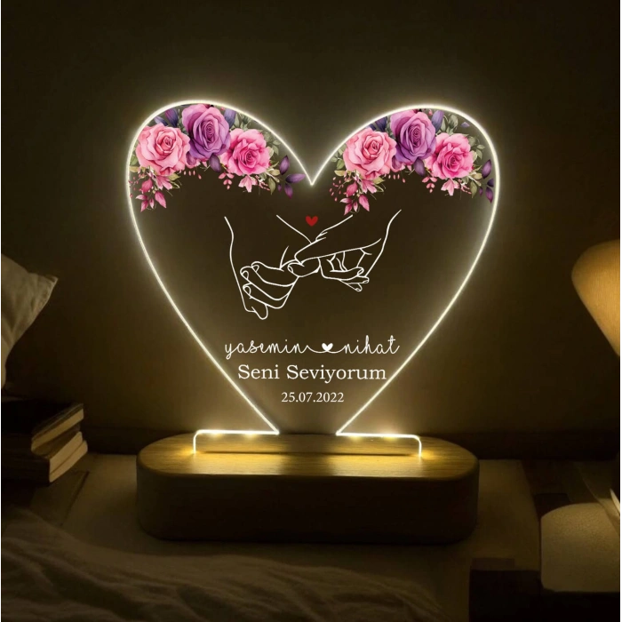 Çiçek Temalı Çiftler İçin Led Lamba, Kişiye Özel Gece Lambası, Özel Hediye Led Lamba