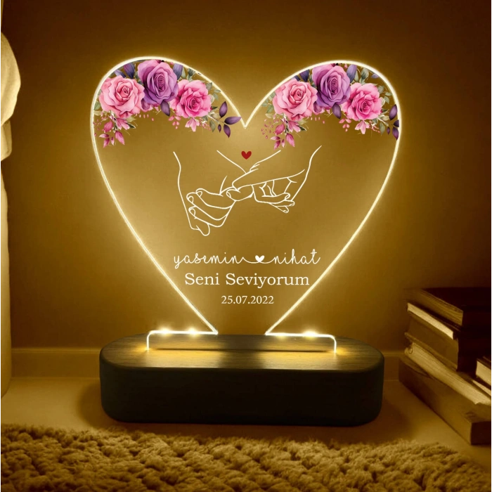 Çiçek Temalı Çiftler İçin Led Lamba, Kişiye Özel Gece Lambası, Özel Hediye Led Lamba