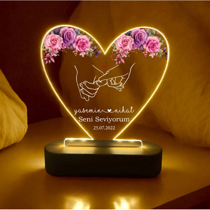 Çiçek Temalı Çiftler İçin Led Lamba, Kişiye Özel Gece Lambası, Özel Hediye Led Lamba