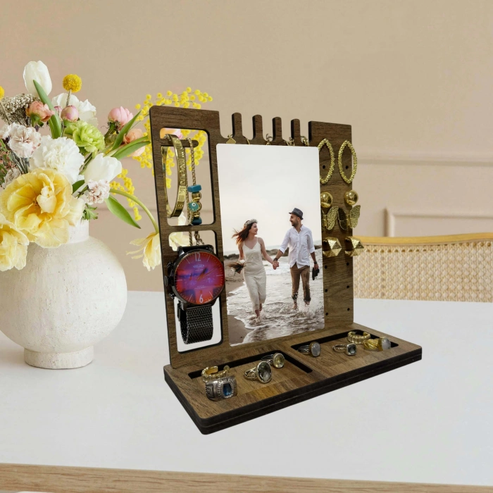 Kişiye Özel Üç Renkli Dekorasyon Ahşap Takı, Kolye, Küpe Standı