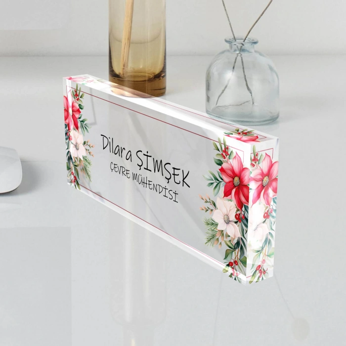 Kişiye Özel Çiçekli Masa Isimliği, Çiçek Desenli Hediye Ofis Dekoratif Masa Üstü Isimlik