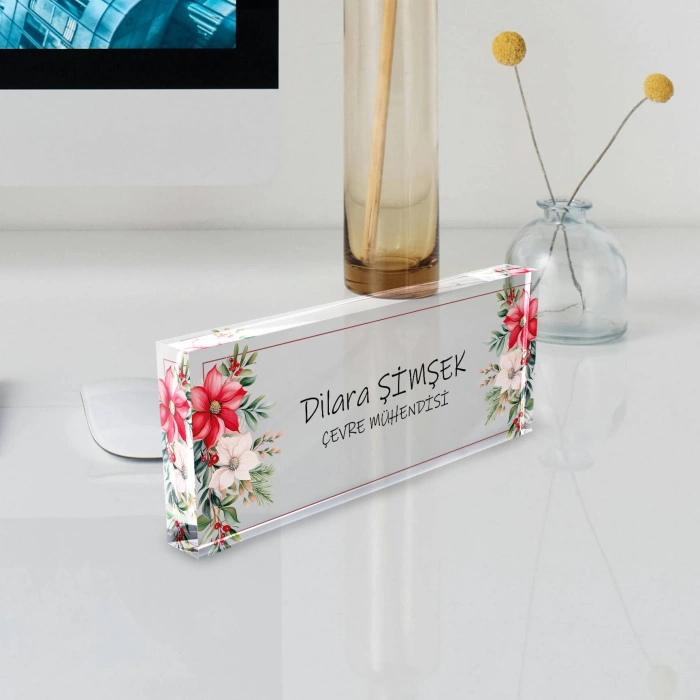 Kişiye Özel Çiçekli Masa Isimliği, Çiçek Desenli Hediye Ofis Dekoratif Masa Üstü Isimlik