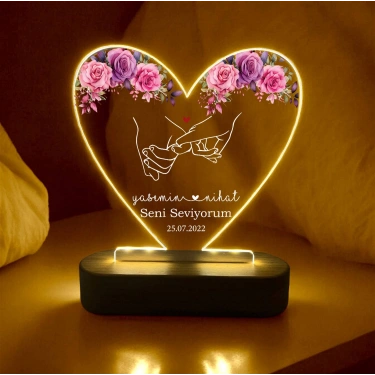 Çiçek Temalı Çiftler İçin Led Lamba, Kişiye Özel Gece Lambası, Özel Hediye Led Lamba