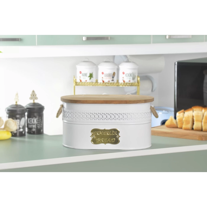 Metal Ekmeklik Ahşap Kapaklı Hasır Kulplu Ekmek Kutusu Beyaz