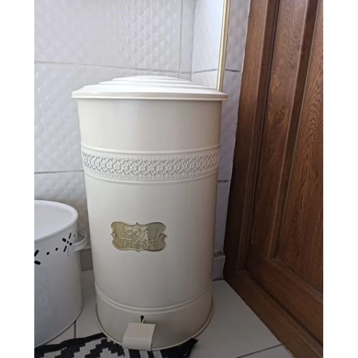 Pedallı Metal Galvaniz Mutfak Banyo Kapaklı Çöp Kovası 30 Lt Krem