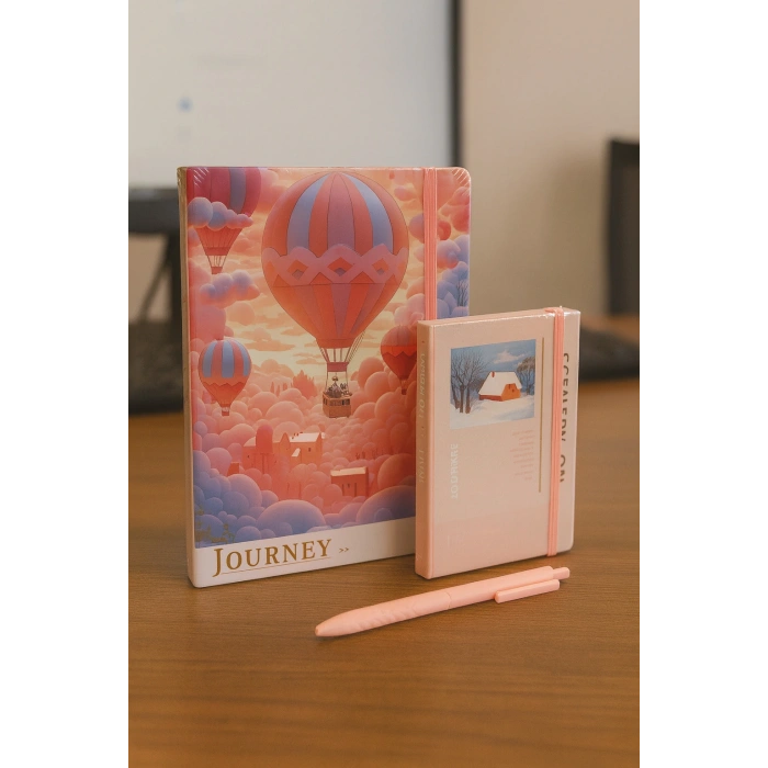 2 Adet Ajanda Çizgili Not Defteri-Uçlu Kalem Hediyeli Pembe Balon