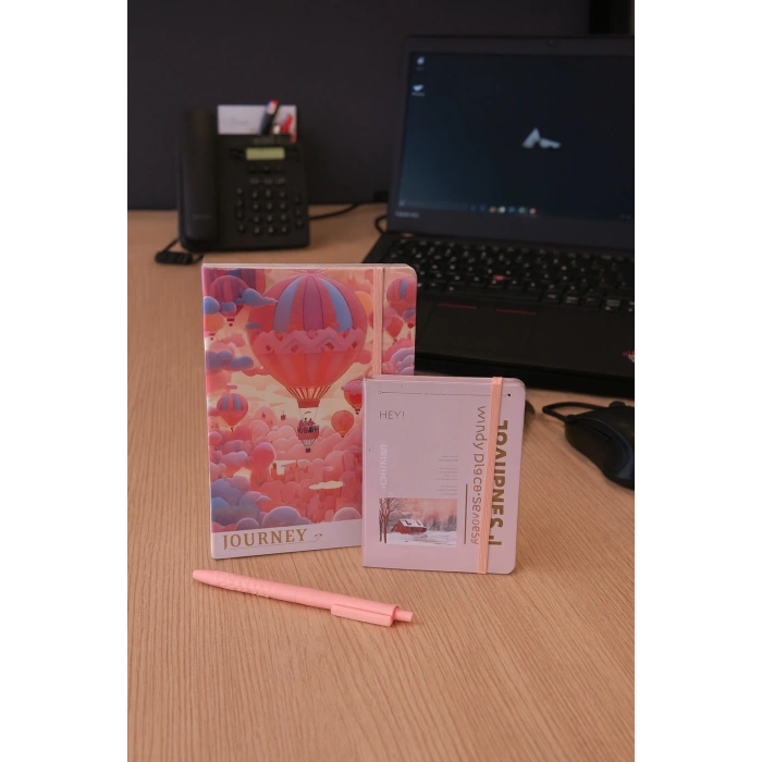 2 Adet Ajanda Çizgili Not Defteri-Uçlu Kalem Hediyeli Pembe Balon A5-A6