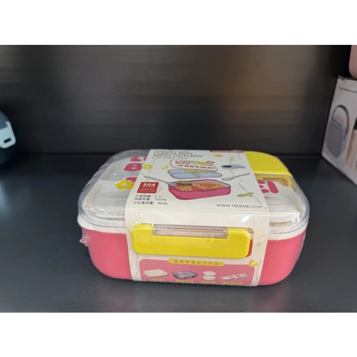 2 Bölmeli Paslanmaz Çelik Sızdırmaz Çatal ve Kaşıklı Saklama Kabı Beslenme Kabı 750 ML Pembe İthal Ürün