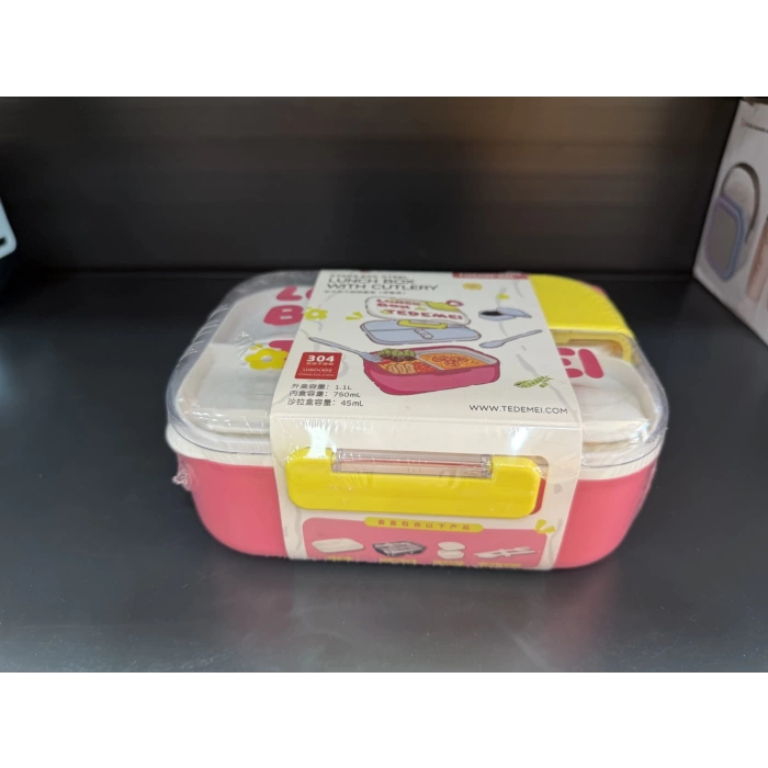 2 Bölmeli Paslanmaz Çelik Sızdırmaz Çatal ve Kaşıklı Saklama Kabı Beslenme Kabı 750 ML Pembe İthal Ürün