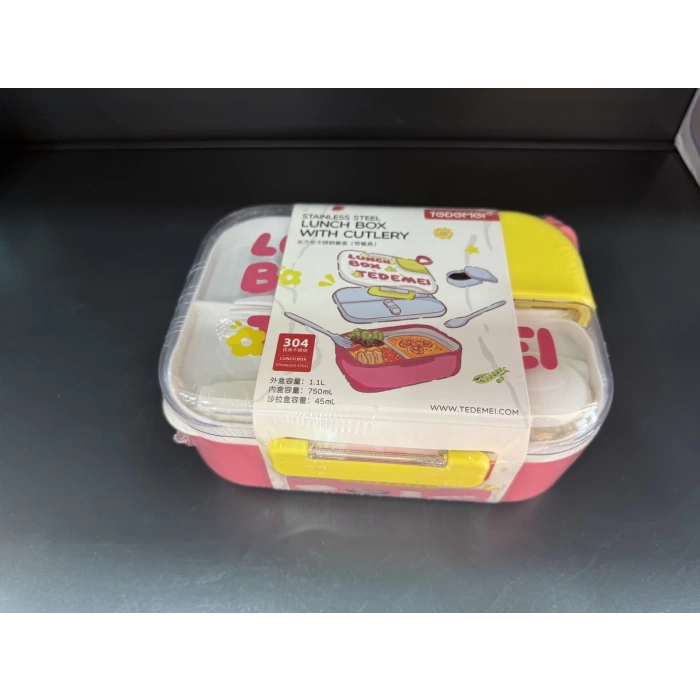 2 Bölmeli Paslanmaz Çelik Sızdırmaz Çatal ve Kaşıklı Saklama Kabı Beslenme Kabı 750 ML Pembe İthal Ürün