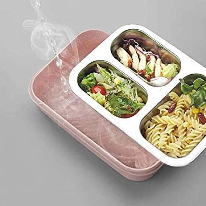 3 Bölmeli Paslanmaz Çelik Sızdırmaz Saklama Kabı Beslenme Kabı 1,2 Lt. Pembe İthal Ürün