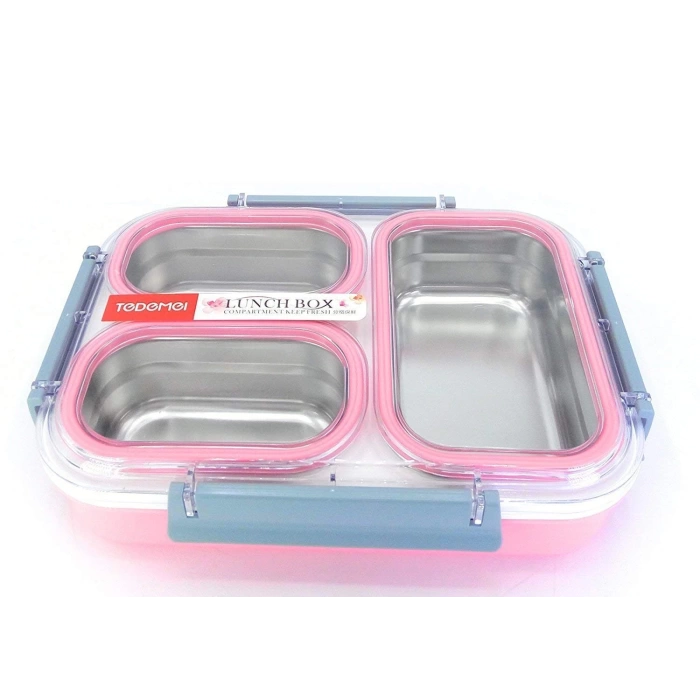 3 Bölmeli Paslanmaz Çelik Sızdırmaz Saklama Kabı Beslenme Kabı 1,2 Lt. Pembe İthal Ürün