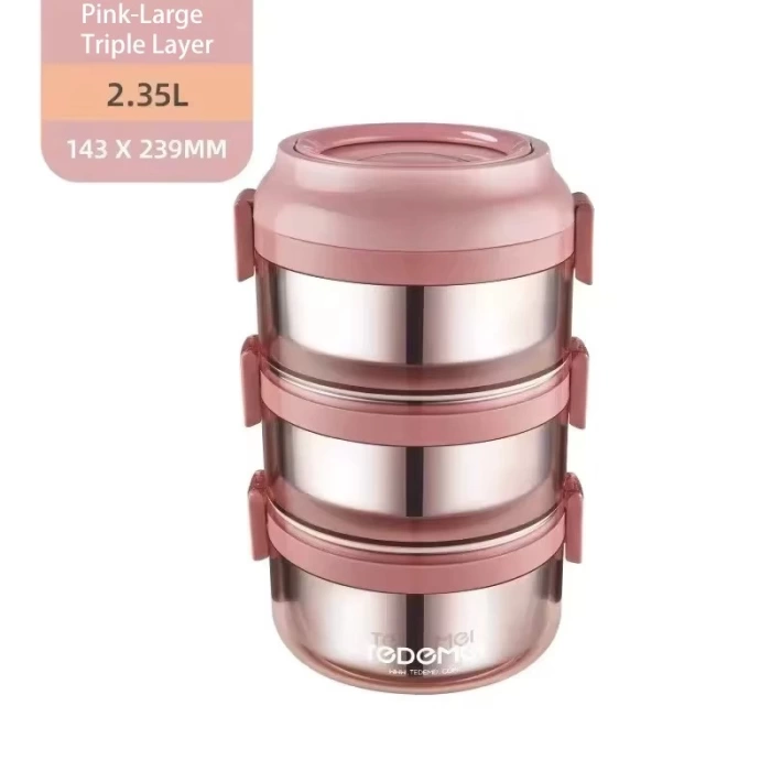 3 Katlı Paslanmaz Çelik Sızdırmaz Saklama Kabı Beslenme Kabı 2,35 Lt. Pembe İthal Ürün
