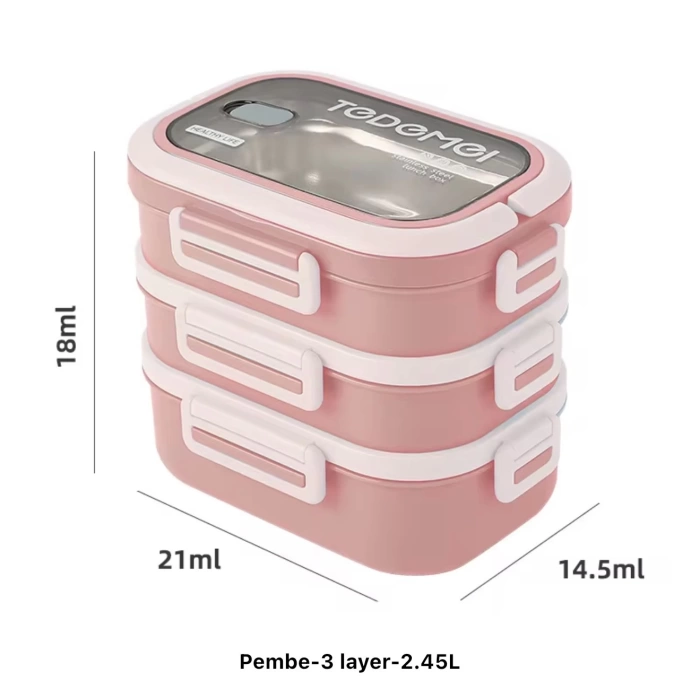 3 Katlı Paslanmaz Çelik Sızdırmaz Saklama Kabı Beslenme Kabı 2,45 Lt. Pembe İthal Ürün