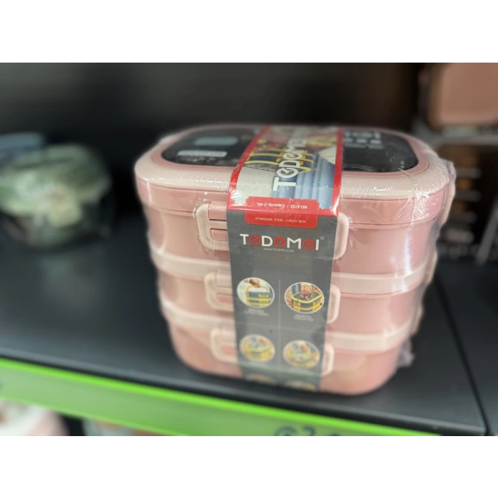 3 Katlı Paslanmaz Çelik Sızdırmaz Saklama Kabı Beslenme Kabı 2,45 Lt. Pembe İthal Ürün