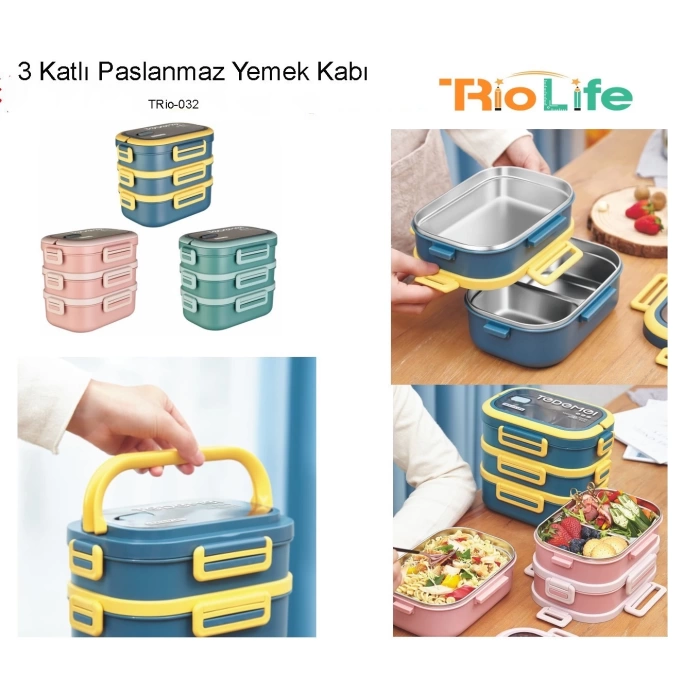 3 Katlı Paslanmaz Çelik Sızdırmaz Saklama Kabı Beslenme Kabı 2,45 Lt. Pembe İthal Ürün