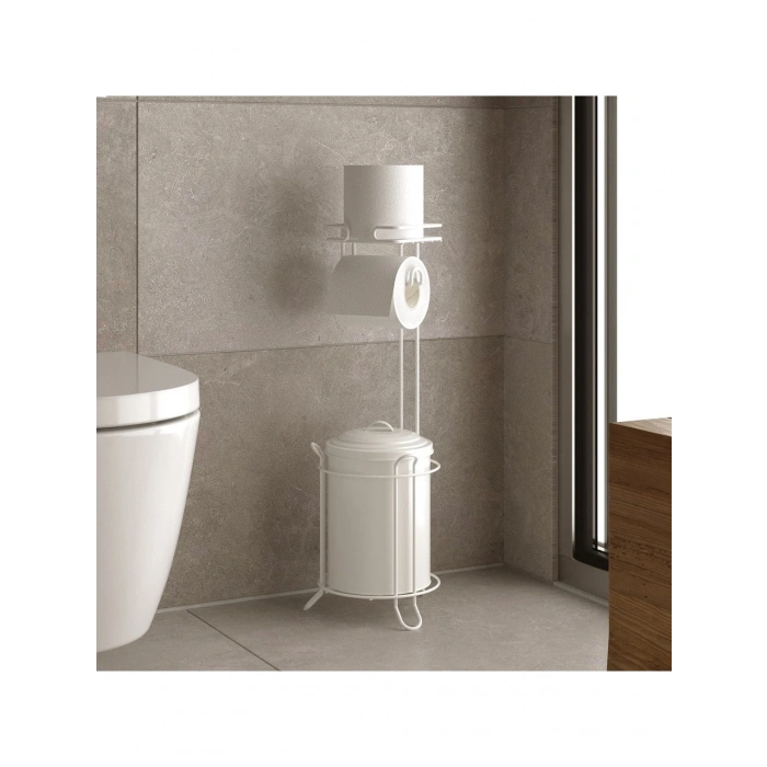 Banyo Tuvalet Kağıdı Askısı Çöp Kovası Yedekli Ayaklı Beyaz