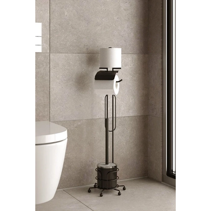 Banyo Tuvalet Fırçalığı Tuvalet Kağıdı Askısı Yedekli Ayaklı Siyah