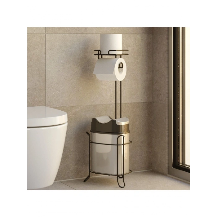 Banyo Tuvalet Kağıdı Askısı Çöp Kovası Yedekli Ayaklı Siyah