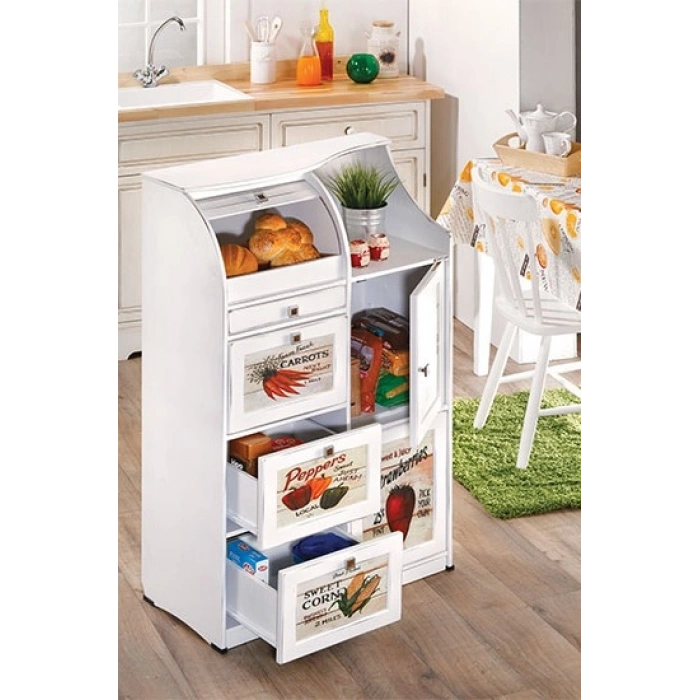 Mdf Çekmeceli Vintage Mutfak Kiler Dolabı Ekmeklik Beyaz Kurulu