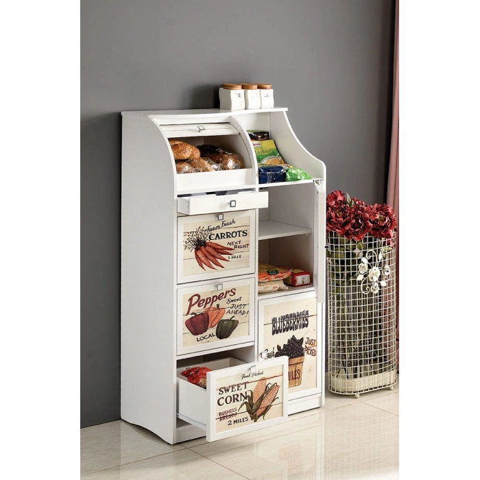 Mdf Çekmeceli Vintage Mutfak Kiler Dolabı Ekmeklik Beyaz Kurulu