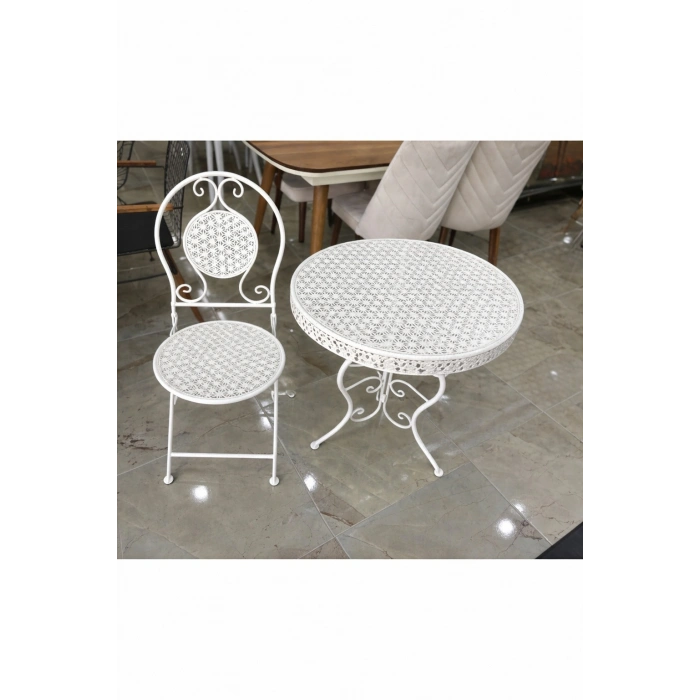 Ferforje Masa Sandalye Balkon Takımı Beyaz 1 Masa 1 Sandalye 60cm