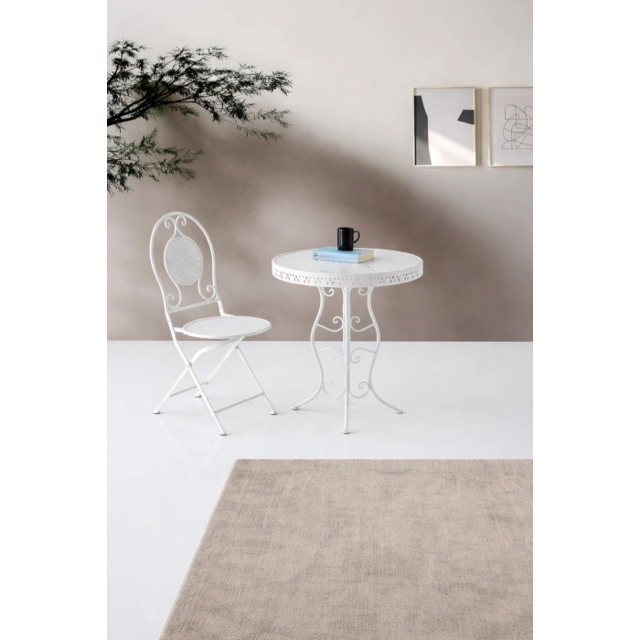 Ferforje Masa Sandalye Balkon Takımı Beyaz 1 Masa 1 Sandalye 60cm