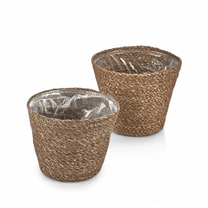 Dekoratif Yuvarlak İçi Poşetli Hasır Sepet Saksılık 2 li Set