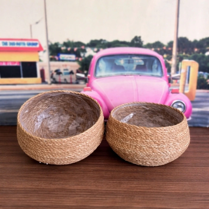 Dekoratif Yuvarlak Tombul Sepet Saksılık 2 li Set