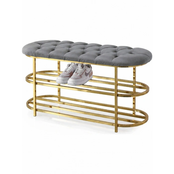 Kapitoneli Puf Bench Kapı Önü Gold Metal Ayakkabılık Gri Pamir