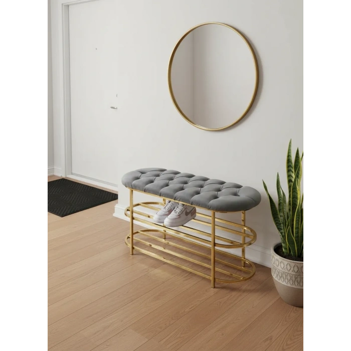 Kapitoneli Puf Bench Kapı Önü Gold Metal Ayakkabılık Gri Pamir