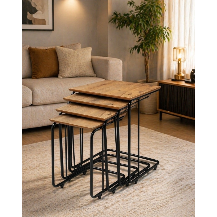 Ahşap Mdf Tekerlekli Zigon Sehpa 4 lü Siyah Metal Ayaklı Meşe