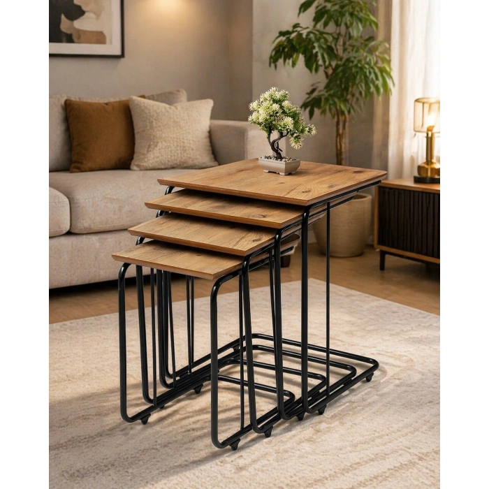 Ahşap Mdf Tekerlekli Zigon Sehpa 4 lü Siyah Metal Ayaklı Meşe