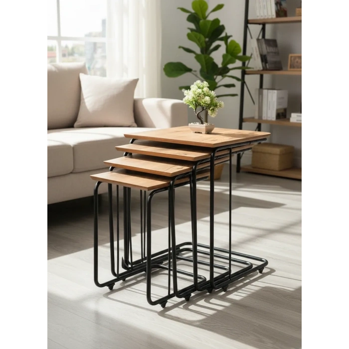 Ahşap Mdf Tekerlekli Zigon Sehpa 4 lü Siyah Metal Ayaklı Meşe