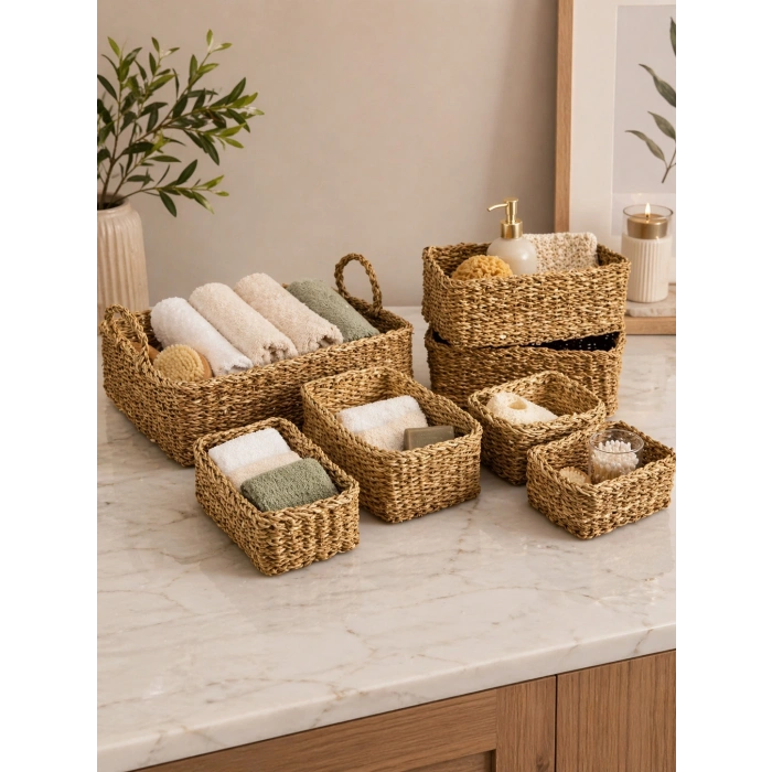 Dekoratif Naturel Dikdörtgen Düzenleyici Hasır Sepet 7 li