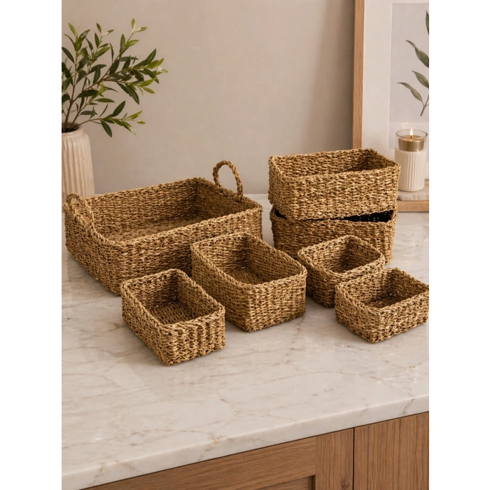 Dekoratif Naturel Dikdörtgen Düzenleyici Hasır Sepet 7 li