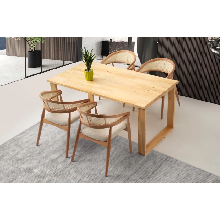 Ahşap Sabit Yemek Masası Natural 160x90cm- 4 Adet Hasır Sırtlı Sandalye Takımı