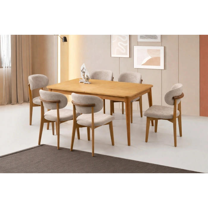 Ahşap Salon Yemek Masa Sandalye Takımı Ortadan Açılır Büyüyen 6 Sandalye