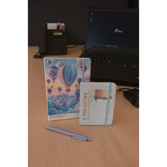 2 Adet Ajanda Çizgili Not Defteri-Uçlu Kalem Hediyeli Mavi Balon