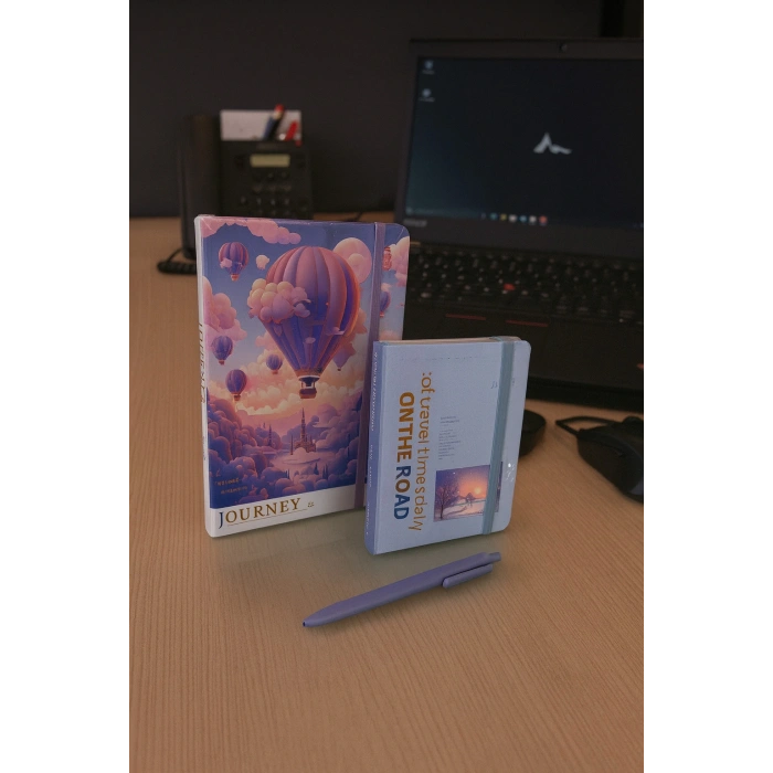 2 Adet Ajanda Çizgili Not Defteri-Uçlu Kalem Hediyeli Mor Balon