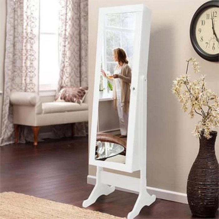 Aynalı Takı ve Aksesuar Dolabı Ayaklı Beyaz Kurulu Gönderilir