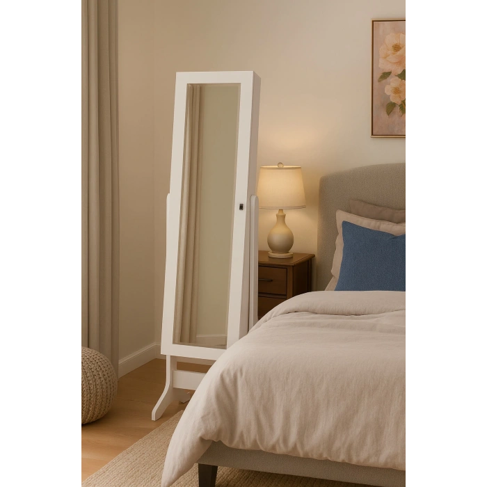 Aynalı Takı ve Aksesuar Dolabı Ayaklı Beyaz Kurulu Gönderilir