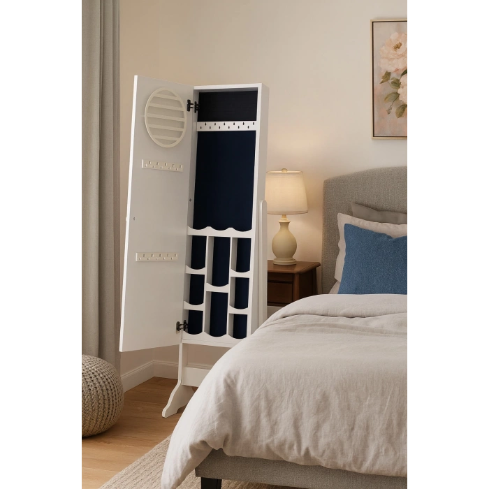 Aynalı Takı ve Aksesuar Dolabı Ayaklı Beyaz Kurulu Gönderilir