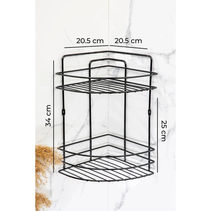 Banyo Köşe Rafı 2 Katlı Siyah Şampuanlık Duvara Monte Vidalı