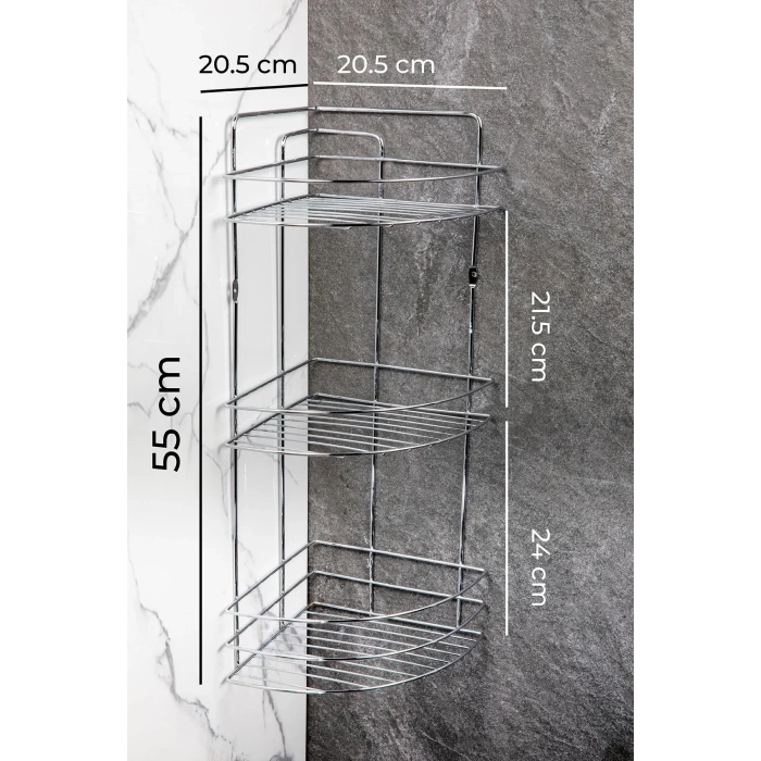 Banyo Köşe Rafı 3 Katlı Şampuanlık Duvara Monte