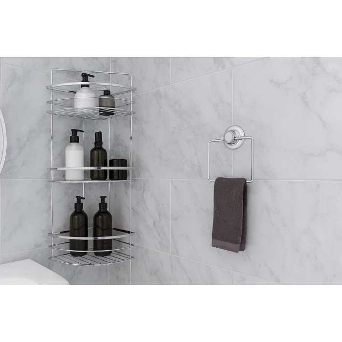 Banyo Köşe Rafı 3 Katlı Şampuanlık Vidalı + Vakumlu Kare Havluluk Krom 2 li Set