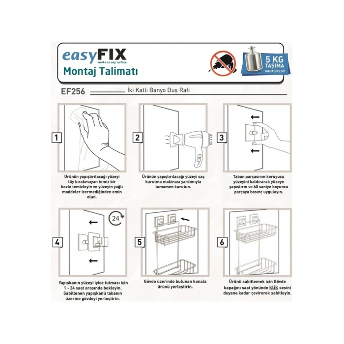 Banyo Köşe Rafı Kendinden Yapışkanlı 2 Katlı EasyFix Siyah